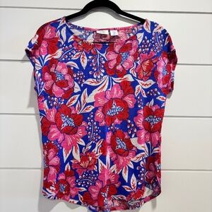 Sigrid Olsen 100% linen floral print rounded hem top size M